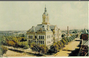 Historic Auglaize County Courthouse with Lady Justice visible on tower